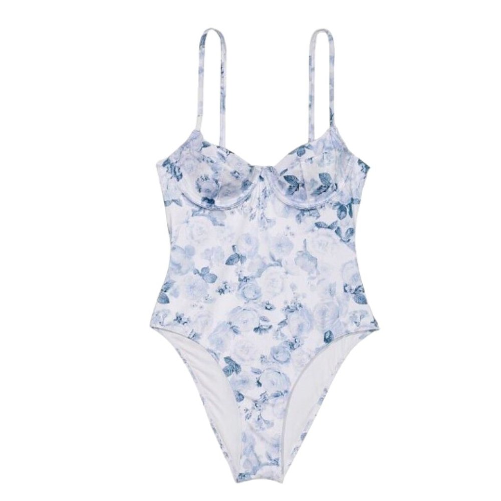 Women's Victoria's Secret Swim Wicked Push Up Blue & White Floral Swimsuit MED